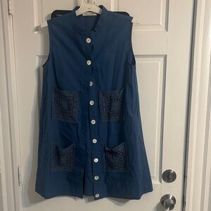 Blue Sleeveless Tunic with Lace Pockets